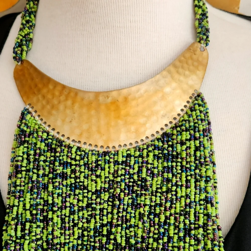 Hand Hammered Brass, White and Black Beaded Statement Necklace - Picture 17 of 17